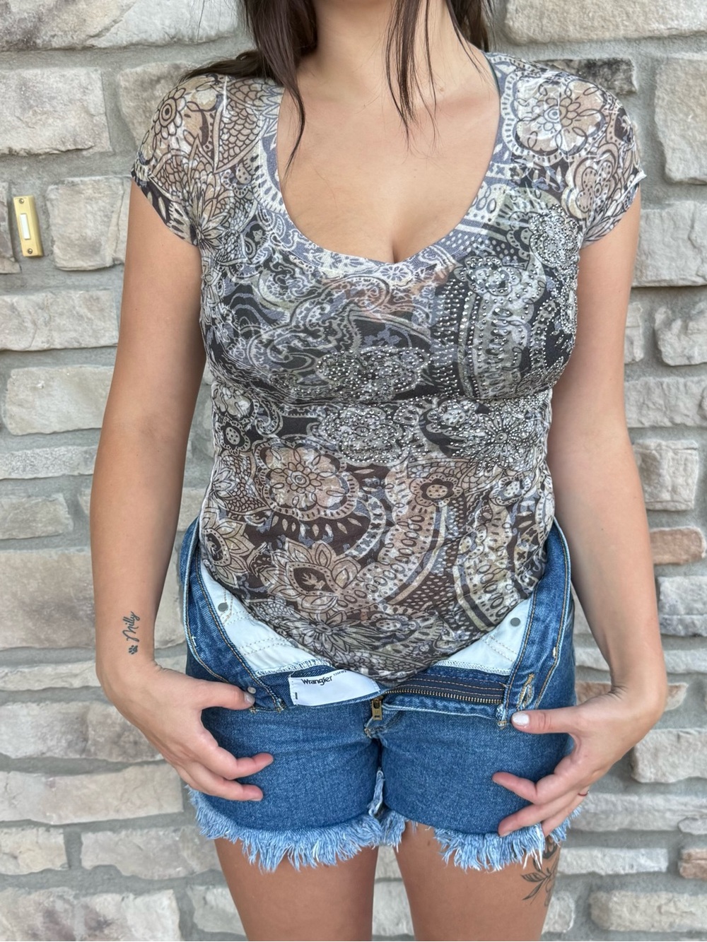 Daytrip Brown & Gray Paisley Sheer Short Sleeve Top